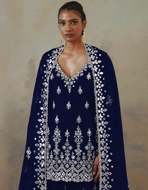 Blue Lehenga style Suit Faux Georgette Salwar Kameez in Embroidery, Mirror & Lace Work Closure View